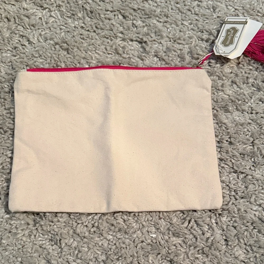 Makeup Pouch - 'But First Lipstick' Canvas Cosmetic Bag with Pink Tassel